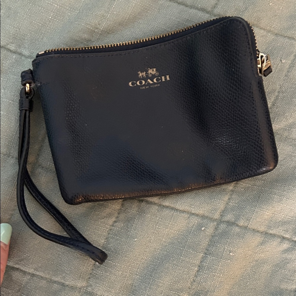 Coach Navy Blue Leather Wristlet with Gold Zipper